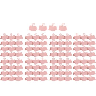 LOGOFUN 100PCS Floral Place Cards Rose Flower Name Cards Paper Hollow Rose Folded Tent Cards for Valentine's Day Wedding Party Supplies - Pink