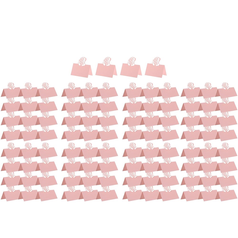 LOGOFUN 100PCS Floral Place Cards Rose Flower Name Cards Paper Hollow Rose Folded Tent Cards for Valentine's Day Wedding Party Supplies - Pink