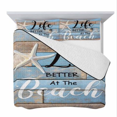 Twin XL Quilt Bedding Set, Summer Life Beach Retro Wood Board Lightweight Coverlet Summer Comforter Set Soft Microfiber Bedspread, Starfish Nautical Theme 3 Piece Quilt Set with 2 Pillow Shams