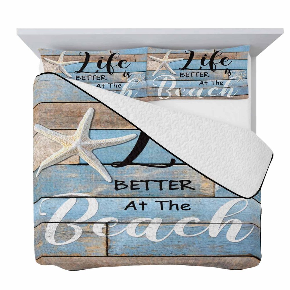 Twin XL Quilt Bedding Set, Summer Life Beach Retro Wood Board Lightweight Coverlet Summer Comforter Set Soft Microfiber Bedspread, Starfish Nautical Theme 3 Piece Quilt Set with 2 Pillow Shams