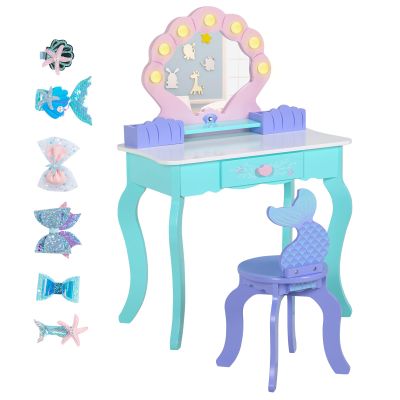 BRINJOY Kids Vanity with Lights, Wooden Princess Vanity for Girls, 2 in 1 Ocean Theme Toddler Dressing Table and Chair Set, Little Girl Makeup Vanity with Mirror for Children Birthday