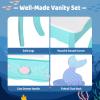 BRINJOY Kids Vanity with Lights, Wooden Princess Vanity for Girls, 2 in 1 Ocean Theme Toddler Dressing Table and Chair Set, Little Girl Makeup Vanity with Mirror for Children Birthday view 3