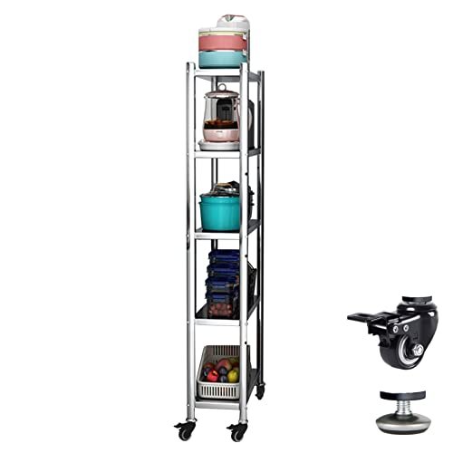 Ultra-Thin Storage Cart,Extra Tall 5 Tier Stainless Steel Kitchen Storage Rack with Wheels Slim Organizer Cart for Small Spaces Narrow Shelf Unit 21x50x147cm