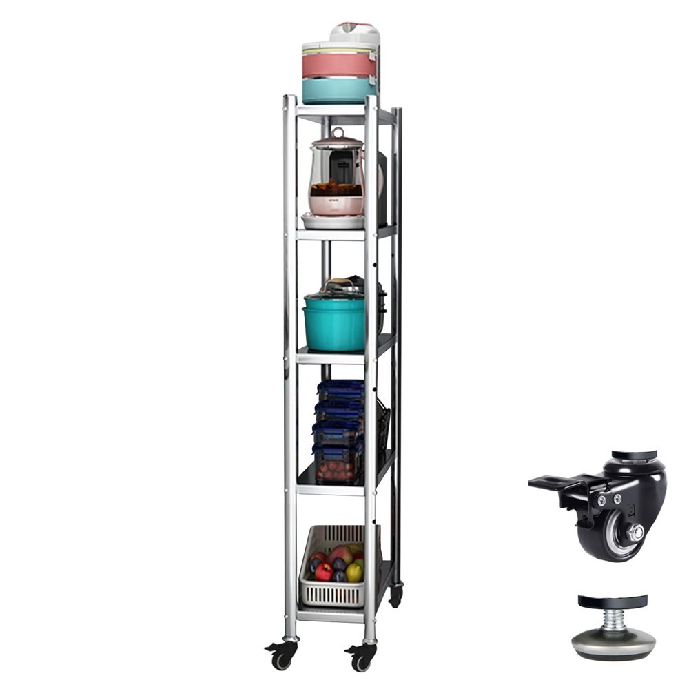 Ultra-Thin Storage Cart,Extra Tall 5 Tier Rolling Kitchen Storage Rack for Small Spaces Stainless Steel Narrow Shelf Unit Slim Organizer Cart with Wheels (26x60x147cm)