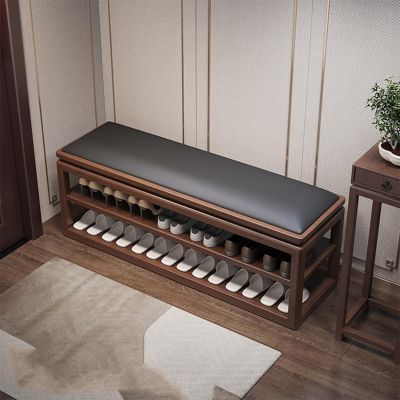 JIHAJU Solid Wood Entrance Shoe Bench, End of Bed Bench,PU Leather Shoe Storage Bench, Shoe Organizer,Height-Adjustable and Removable Shelve,for Bedroom,Hallway,Balcony Entryway(Black,120cm/47.2in)