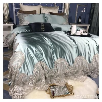 High End Luxury Wedding Cotton Lace Bedding Set Egyptian Cotton Duvet Cover Skin Friendly 4pcs Set,Bed