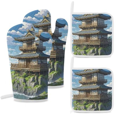 4 Pcs Oven Mitts and Pot Holders Sets Japanese Architecture Printed Oven Gloves Hot Pads Heat Resistant Kitchen Gloves Potholders for Baking Cooking Grilling BBQ