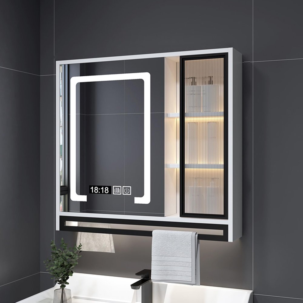 Led Mirror Medicine Cabinet Real-time Display,Solid Wood Multi-Layer Board,Bathroom Cabinet with Intelligent defogging Mirror,Bathroom Vanity Mirror with Towel Rack,Three-Tone Lighting