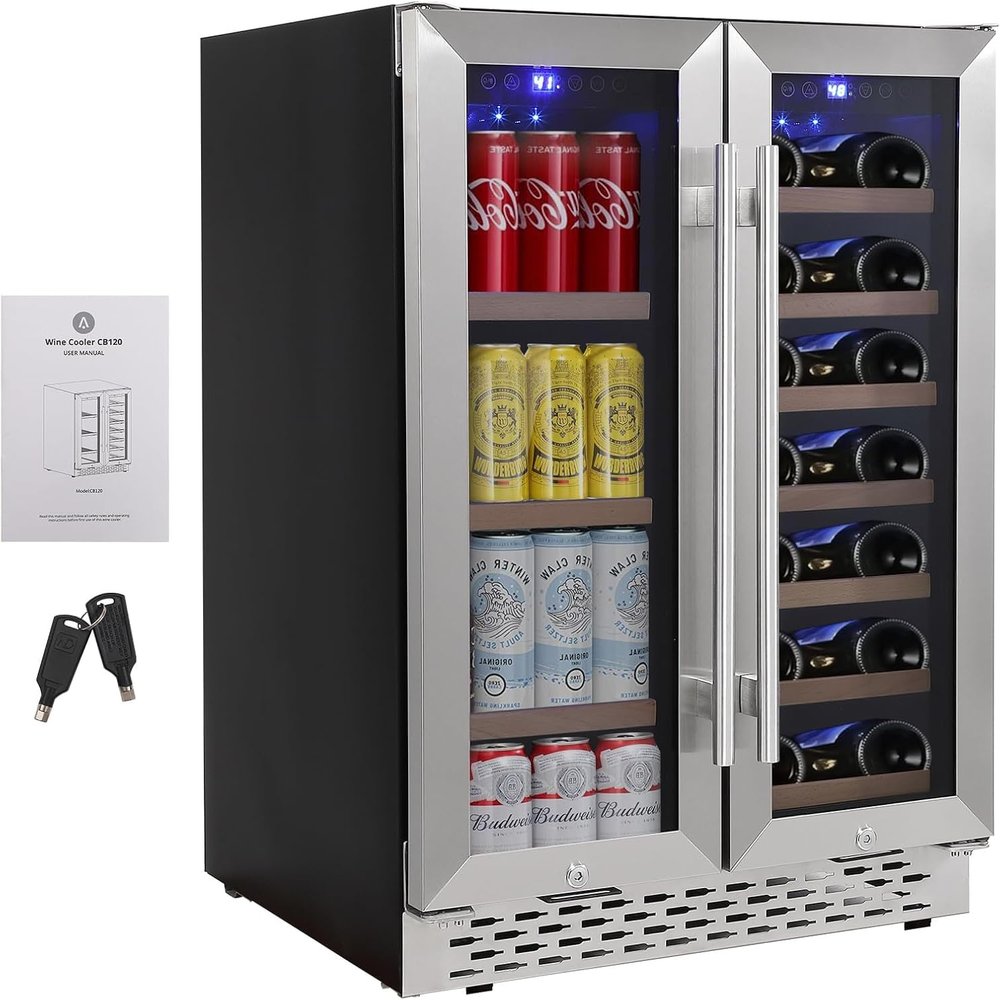 ChicHabitat 24" Dual Zone Wine Cooler and Beverage Refrigerator, Holds 55 Cans & 20 Bottles, Quiet Compressor, Glass Door, Blue/White LED, Under Counter Design for Home, Bedroom, and Kitchen