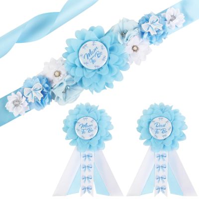 Diartpaint Blue Bow Maternity Sash Belt and Pins Set, Bows Floral Belly Belt Mom and Dad to Be Corsage Pins for Baby Shower Gender Reveal Party Favors, Bow Themed Pregnancy Photo Props Keepsake