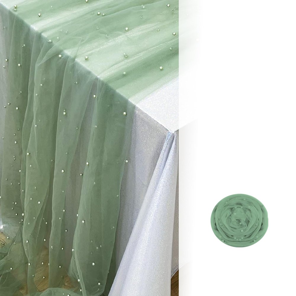 Pearl Tulle Table Runner for Wedding,Pearl Embellished Sheer Tablecloth Table Runners for Engagement Arch Dessert Table Decorations (Green, 1pcs 150x300cm(59x118inch))