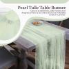 Pearl Tulle Table Runner for Wedding,Pearl Embellished Sheer Tablecloth Table Runners for Engagement Arch Dessert Table Decorations (Green, 1pcs 150x300cm(59x118inch)) view 4