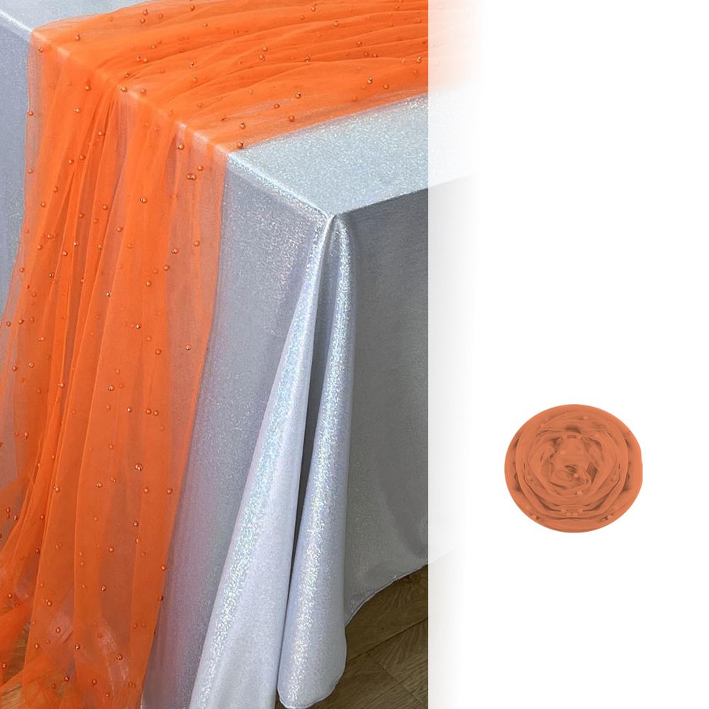 Pearl Table Runner Wedding Decor:Tulle Tablecloth Pearl Embellished Sheer Table Cloth Runners for Bridal Shower Party Engagement Arch Veil Lace Decorations (Orange, 1pcs 150x150cm(59x59inch))