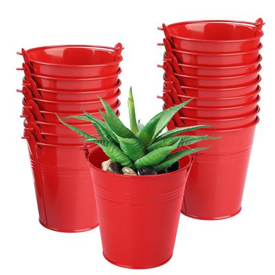 Biugaaufai 18 Pack 4 Inch Red Mini Metal Bucket, Elegant Galvanized Buckets with Handles, Tin Buckets, Small Iron Bucket, Mini Metal Pail for Party Favors, Crafts, Garden & Beach