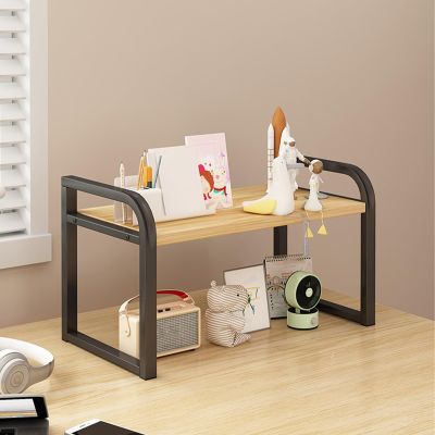 Bamboo and Metal Desk Shelf Organizer Storage Rack,Desktop Bookshelf 2/3 Layer,Adjustable Wood Desk Shelf Organizer,Multi-Purpose Home Office Desk Organizer,Suitable for office,kitchen,school, home.