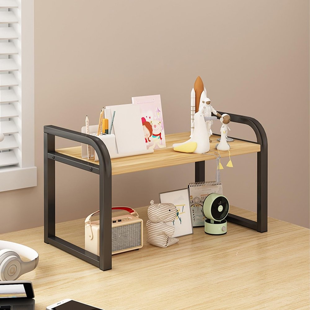 Bamboo and Metal Desk Shelf Organizer Storage Rack,Desktop Bookshelf 2/3 Layer,Adjustable Wood Desk Shelf Organizer,Multi-Purpose Home Office Desk Organizer,Suitable for office,kitchen,school, home.