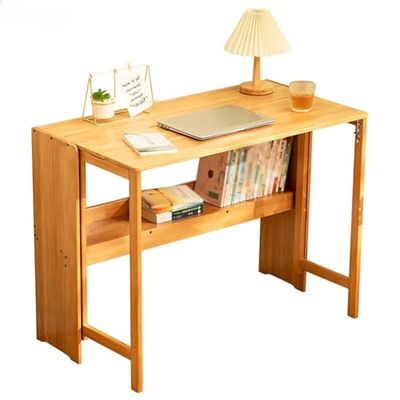 (Bamboo Folding Desk/L Office Computer Desk, Small Computer Table with Bookshelf Learning Computer Workstation and Writing Desk for Home Office Bedroom Small Spaces(Brown,83cm/32.6")")