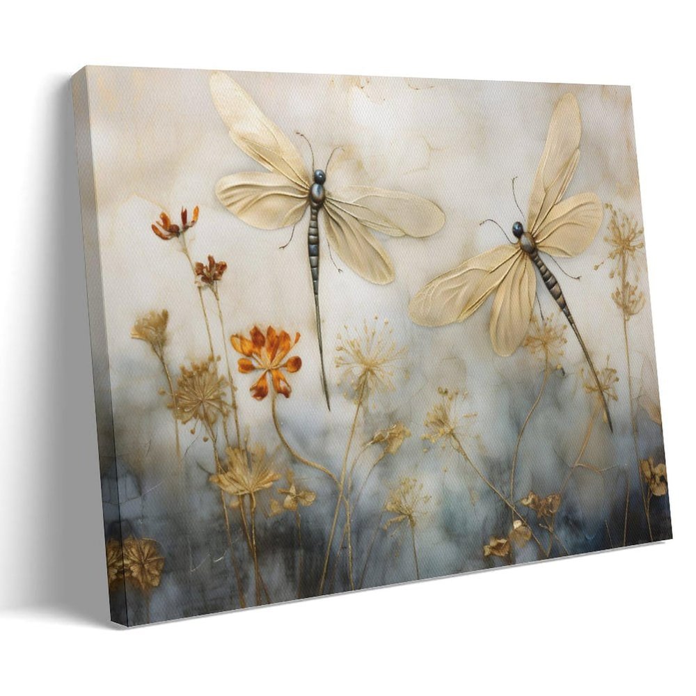 Dragonflies & Wildflowers Canvas Wall Art Dragonfly Wall Art Neutral Modern Home Decor Canvas Art Posters for Room Aesthetic And Wall Art Picture Living Room Decor 20x30inch(50x75cm)