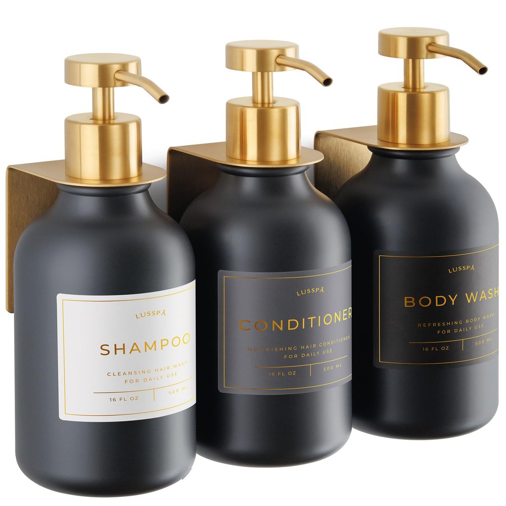 Shower Shampoo Dispenser Wall Mounted 3 Refillable 16.9 oz Black Bottles with Stainless Steel Pumps & No-Drill Adhesive Holders Soap Dispenser Set for Bathroom (3 X Black/Gold)