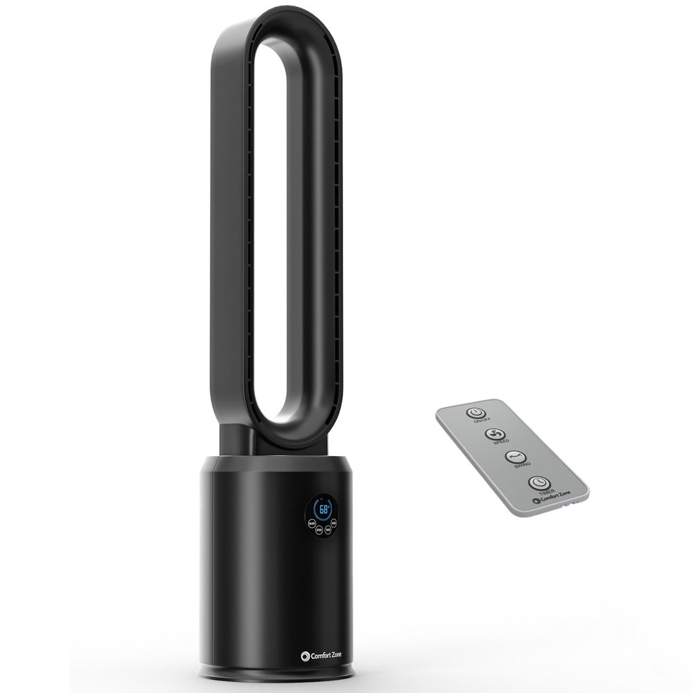 Comfort Zone 40-Inch Bladeless Tower Fan for Bedroom Quiet Standing Fan with Remote Control, 9H Timer & Wide Area Oscillation Turbocharged Airflow & Digital LED Display Black