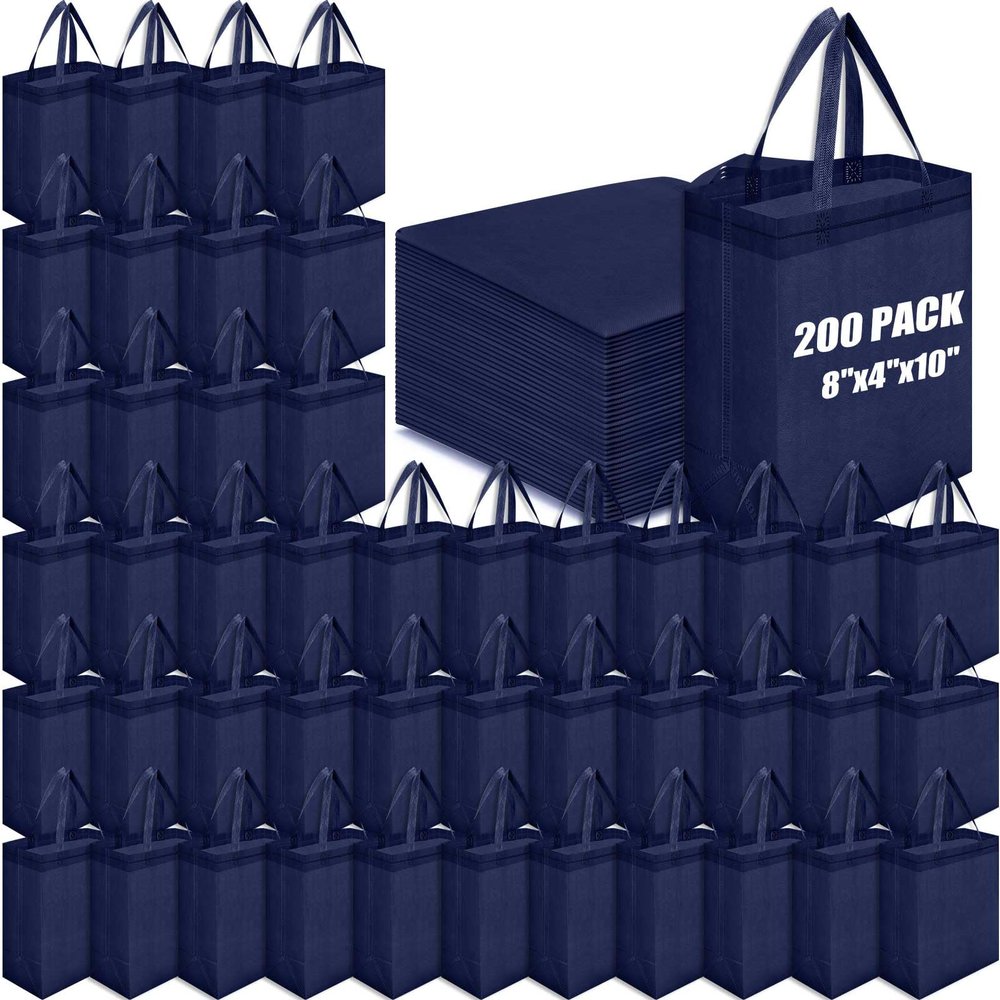 Windyun 200 Pcs Reusable Tote Bag Bulk 8 x 4 x 10 Inch, Navy Blue