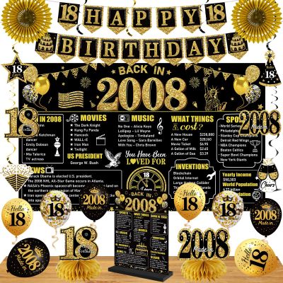 18th Birthday Decorations Kit for Boys Men, Black Gold 24PCS Back in 2008 Banner Decorations , Vintage 2008 Banner Wooden Table Sign Poster Hanging Swirl Balloons Paper Fans Cheers to 18 years
