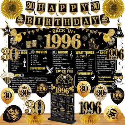 30th Birthday Decorations Kit for Men Women, Black Gold 24PCS Back in 1996 Banner Decorations , Vintage 1996 Banner Wooden Table Sign Poster Hanging Swirl Balloons Paper Fans Cheers to 30 years