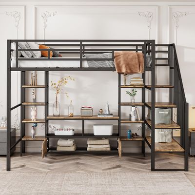 THINK 30 Full Size Metal Loft Bed Frame with Staircase,Low Storage Table and Storage Shelves, Multifunctional Study Loft Bed with Shelves & Stairway for Kids Boys Girls Teens (Black)