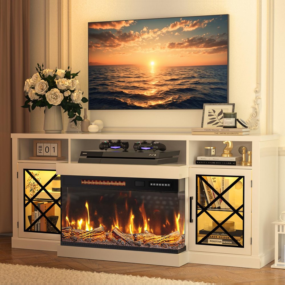 BREEZEHEAT Fireplace TV Stand for TVs up to 75", 3-Sided Electric Entertainment Center with 30" LED Fireplace, Media Console w/Storage Cabinet & Glass Doors, 65Inch, White