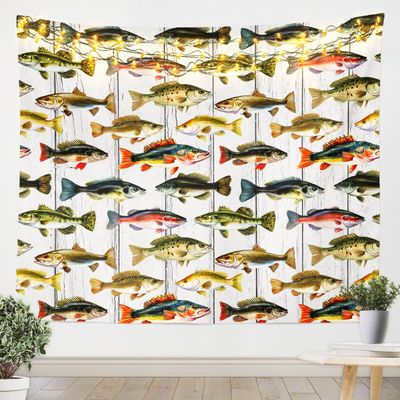 Bass Fish Kids Tapestry,Pike Fish Fishing Hunting Lake House Wall Tapestries,Boys Girls Room Decor,Vintage Wooden Plank Rustic Wall Hanging,Farmhouse Retro Home Wall Decor,Large 59.1 x 82.7 Inches