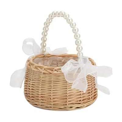 ChYoung Flower Girl Basket with Pearl Handle Decorative Rattan Basket for Flower Girl Wooden Bead Flower Girl Baskets with Liner Handmade Rustic Wicker Storage Baskets for Wedding Boho Home Decor