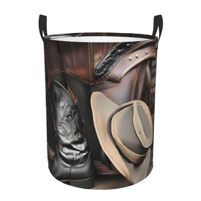 Bedroom Clothes Storage Basket with Handle Portable Storage Laundry Basket, Cowboy Black Hat Western Boots Round Single Layer Laundry Basket