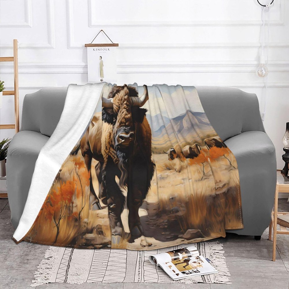 60 * 50 inch Soft Sofa Blanket for Sofa Camping Travel Night Cover, North American Bison Herd Soft Fleece Blanket
