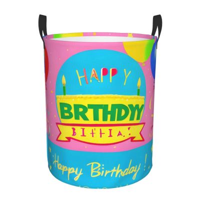Bedroom Clothes Storage Basket with Handle Portable Storage Laundry Basket, Happy Birthday Balloon Round Single Layer Laundry Basket