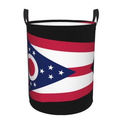 Bedroom Clothes Storage Basket with Handle Portable Storage Laundry Basket, Ohio State Flag Round Single Layer Laundry Basket