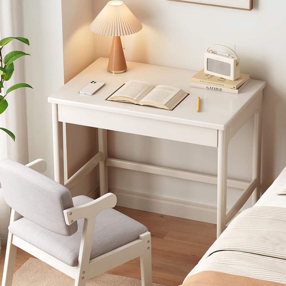 Yadlan Solid Wood Kids Study Desk, Home Office Small Children Study Desk with Drawer Small Space, Computer Workstation & Writing Table for Kids Bedroom White 80cm