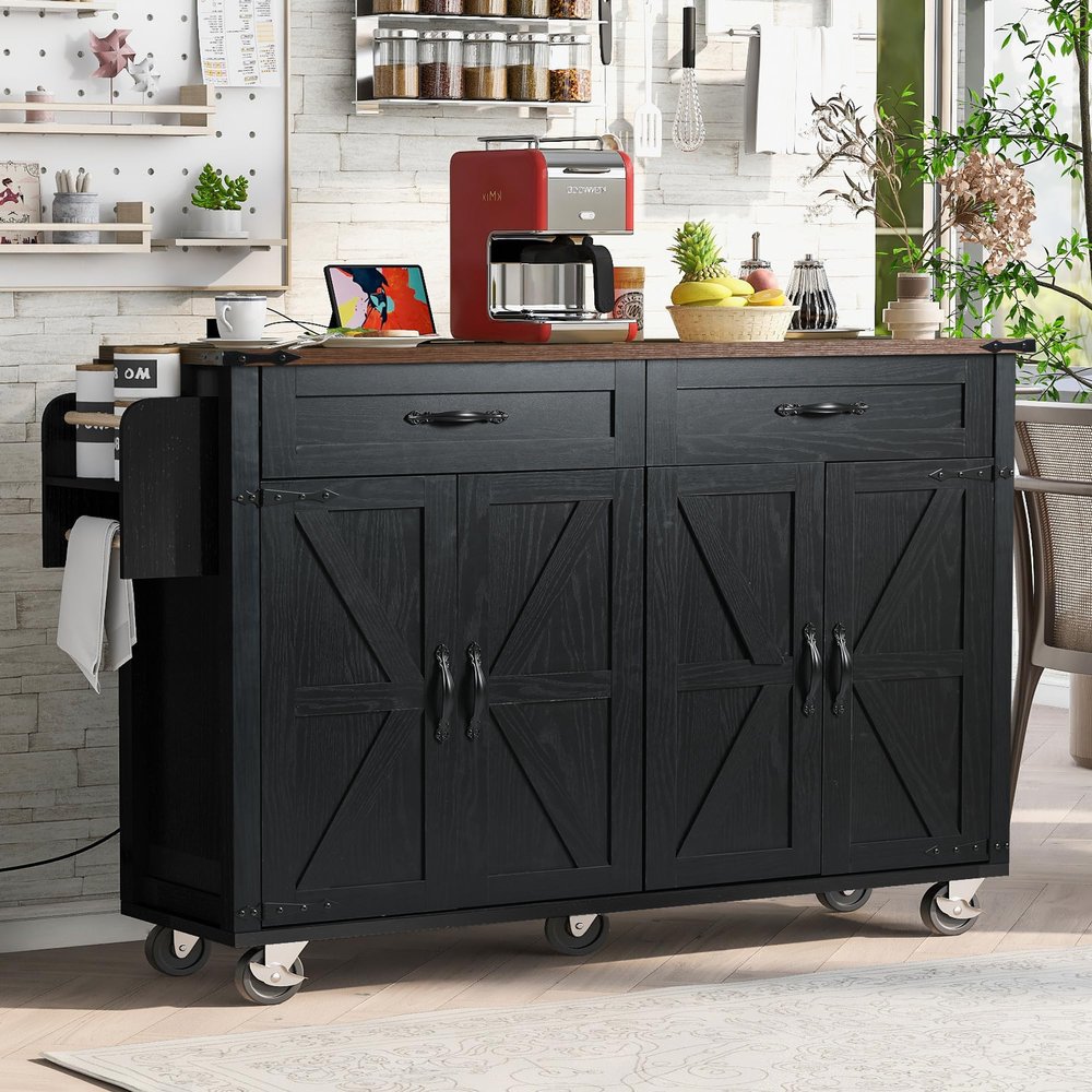 JIJIWANG 53.5'' Farmhouse Mobile Kitchen Island with Power Outlet,Kitchen Storage Island with Drop Leaf and Spice Rack,Rolling Kitchen Cart on Wheels,Rustic Kitchen Islands for Dining Room,Black