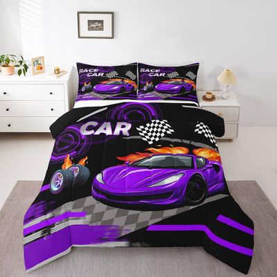Feelyou Kids Purple Race car Comforter Set King Size Speed Sports Car Bedding Set Boys Girls Automobile Racing Car Quilt Set Extreme Sports Theme Bed Set