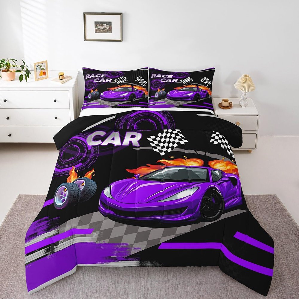 Feelyou Kids Purple Race car Comforter Set King Size Speed Sports Car Bedding Set Boys Girls Automobile Racing Car Quilt Set Extreme Sports Theme Bed Set
