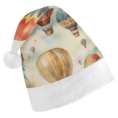 LPSBVNM Adult Christmas Hat,Watercolor Hot Air Balloon Printed Unisex Santa Hat New Year Holiday Decoration Hats for Christmas Festive Holiday Party Supplies