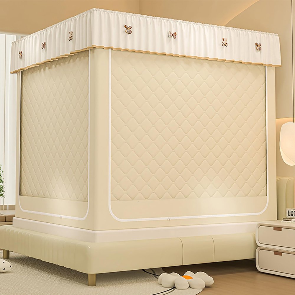 Koncey Thermal Bed Tent for Winter, Indoor Insulation Bed Tent, Blackout Privacy Tent, Cotton Thick Mosquito Net, Bedroom Warmth Children Bed Canopy, Cold Proof(Beige,59 x 78.7 x 66.9 in)