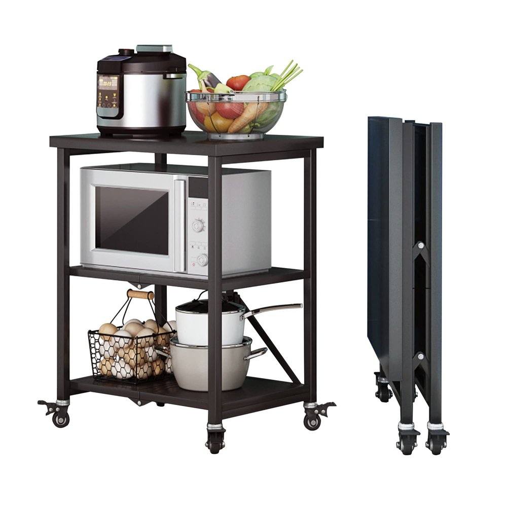 EHVYBDX 3 Tier Black Origami Kitchen Island Cart with Stainless Steel Shelves and Locking Wheels for Home Restaurant and Hotel Use