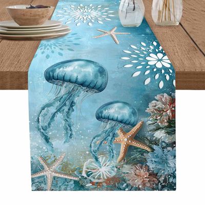 Lsrtoss Jellyfish Coastal Table Runner 70 Inches Long, Blue Nautical Starfish Farmhouse Dress Scarves, Vintage Ocean Floral Dining Tablerunner for Coffee Table/Kitchen Island/Party Dcor, 13" x 70"