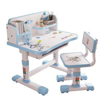 balurukt Kids Study Desk Chair Set,Kids Functional Desk,Height Adjustable Children School Study Table Chair Set with Bookshelf Book Bucket,Ergonomic Desk Chair with Large Writing Board Blue
