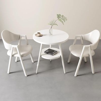 3 Piece 24 inch Round Dining Table Set,Small Coffee Table,Reception Negotiation Table,Upholstered Chairs Armchairs,for Kitchen,Reception Room Office,Faux Leather/Fabric Chairs,1Table 2 chairs(White,Fa