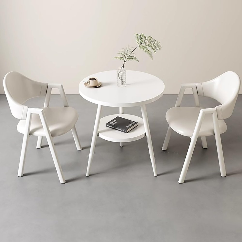 3 Piece 24 inch Round Dining Table Set,Small Coffee Table,Reception Negotiation Table,Upholstered Chairs Armchairs,for Kitchen,Reception Room Office,Faux Leather/Fabric Chairs,1Table 2 chairs(White,Fa