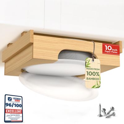 10 inch Paper Plate Dispenser Holder Bamboo Under Cabinet Vertical Rack for Kitchen Countertop Organizer Space Saver Shelf Lid Holder Counter Storage Can Dispenser Pantry Aid Caddy Estante