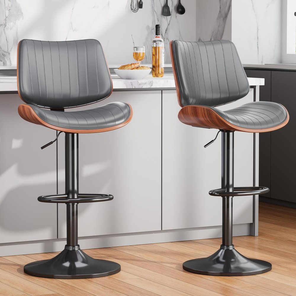 REONEY Swivel Bar Stools Set of 2, Adjustable Bentwood Barstools for Kitchen Counter, Modern PU Leather Upholstered Bar Chair with Back and Footrest, for Kitchen Island, Bar, Dining Room, Gray