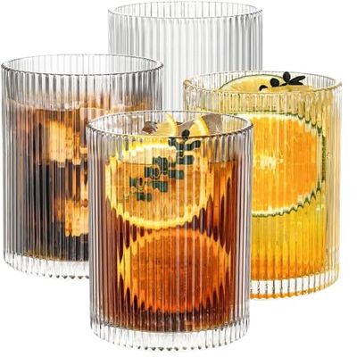 17 oz Ribbed Drinking Glassware Set of 4 - Vintage Cocktail Tumblers for Beer, Iced Coffee, and Whiskey (Set of 4)