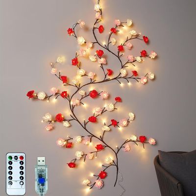 BomKra Rose LED Tree Branch Lights for Wall, Rose Flower Willow Vine Twig Decor Garland with 72 LED Lights and Remote,8 Lighting Modes,Christmas Decorations Indoor for Home Wall Door Window (63inch)